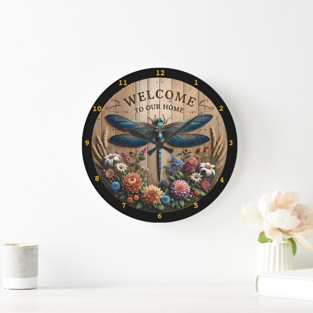 Grande Horloge Ronde Dragonfly Welcome Floral Home Wall (Maison)