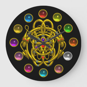 GRANDE HORLOGE RONDE DRAGONS D'OR À DOUCEUR IMPRIMÉS EN PIERRES COLORÉE