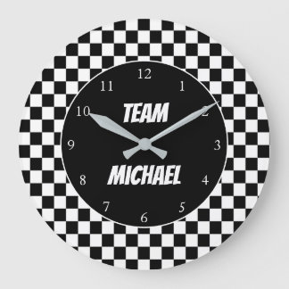 Grande Horloge Ronde Drapeau à damier noir et blanc Personnalisé pour l