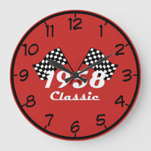Grande Horloge Ronde Drapeau à damier noir et blanc rétro 1958