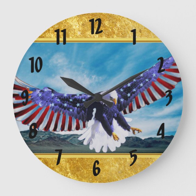 Grande Horloge Ronde Drapeau américain Aigle volant dans le ciel feuill (Recto)