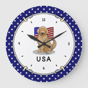 Grande Horloge Ronde Drapeau américain Golden Retriever Dog