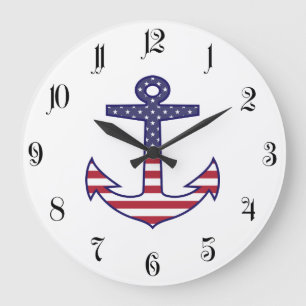 Grande Horloge Ronde Drapeau américain patriotique Ancre nautique
