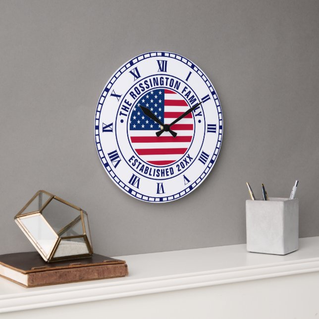 Grande Horloge Ronde Drapeau américain patriotique Nom de famille Date  (Bureau)