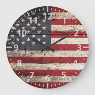 Grande Horloge Ronde Drapeau américain sur le vieux grain en bois
