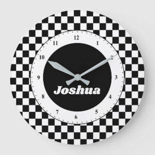 Grande Horloge Ronde Drapeau de course à carreaux noir et blanc personn