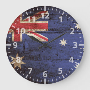 Grande Horloge Ronde Drapeau de l'Australie sur le vieux grain en bois