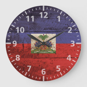 Grande Horloge Ronde Drapeau du Haïti sur le vieux grain en bois