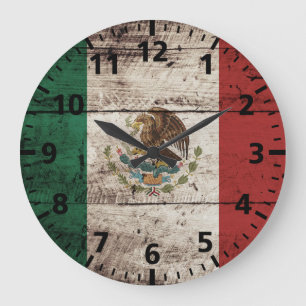 Grande Horloge Ronde Drapeau du Mexique sur le vieux grain en bois
