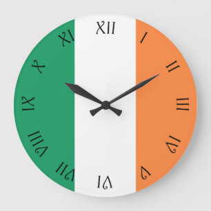 Grande Horloge Ronde Drapeau irlandais Script noir Numéros romains wccn