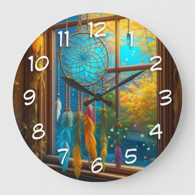 Grande Horloge Ronde Dreamcatcher dans la fenêtre Boho (Recto)