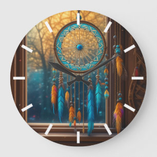 Grande Horloge Ronde Dreamcatcher dans une fenêtre Feuilles d'automne