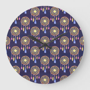 Grande Horloge Ronde Dreamcatchers Plumes Aquarelle Texture transparent