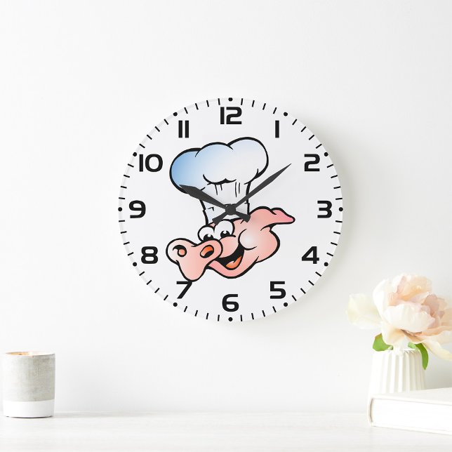 Grande Horloge Ronde Drôle Cartoon Cochon Chef avec Casquette (Créateur téléchargé)