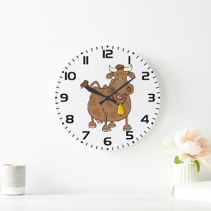 Grande Horloge Ronde Drôle Cartoon Vache Brown avec Bell Animal de ferm
