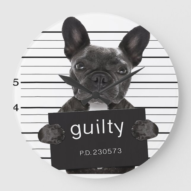 Grande Horloge Ronde Drôle Français Bulldog Jail Mugshot Bad Chien Crim (Recto)