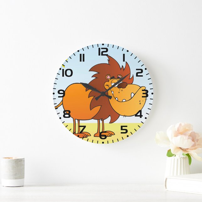 Grande Horloge Ronde Drôle Lion caricature dans le soleil Safari animal (Créateur téléchargé)