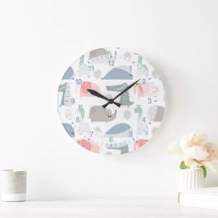 Grande Horloge Ronde Drôle Visage mignon Doodle Motif animal