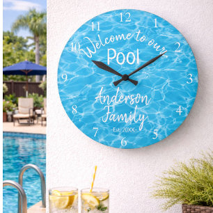 Grande Horloge Ronde Eau de piscine bleue personnalisée Bienvenue dans 