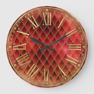 Grande Horloge Ronde Écaille de dragon rouge ombré et doré scintillant