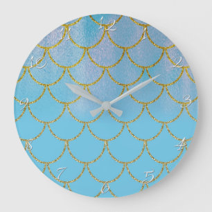 Grande Horloge Ronde Écailles de sirène iridescentes bleu et or scintil