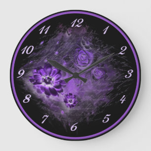 Grande Horloge Ronde Écrite Dans La Nuit Florale Lumière Purple Mur Hor