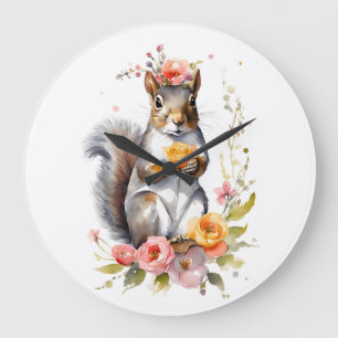 Grande Horloge Ronde Écureuil adorable aux fleurs de printemps