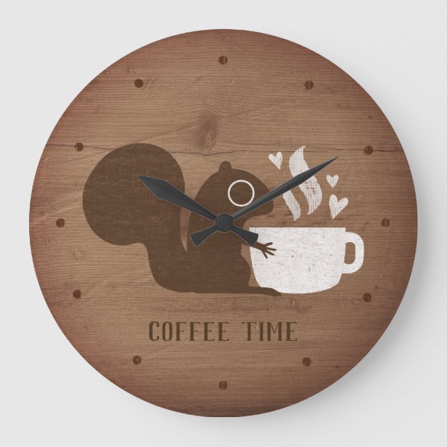 Grande Horloge Ronde Écureuil mignon au café | Whimsical Animal Art (Recto)