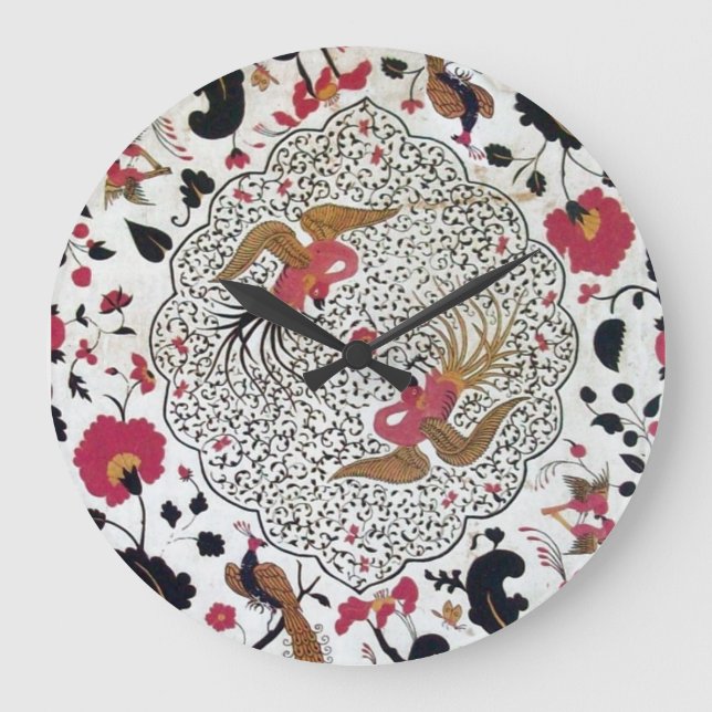 GRANDE HORLOGE RONDE EDEN / ELEGANT RED BLACK WHITE FLOWERS AND BIRDS (Recto)