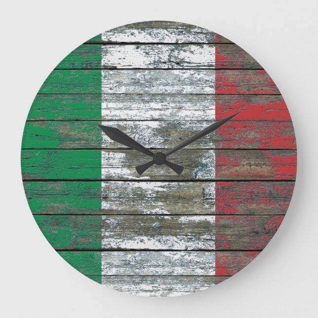 Grande Horloge Ronde Effet Drapeau italien sur les panneaux de bois bru (Recto)