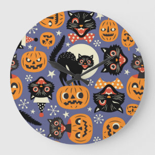 Grande Horloge Ronde Éffrayant Chats Citrouilles Violet Motif