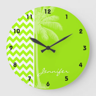 Grande Horloge Ronde Electric Neon Lime Green Chevron; Tropical Palm