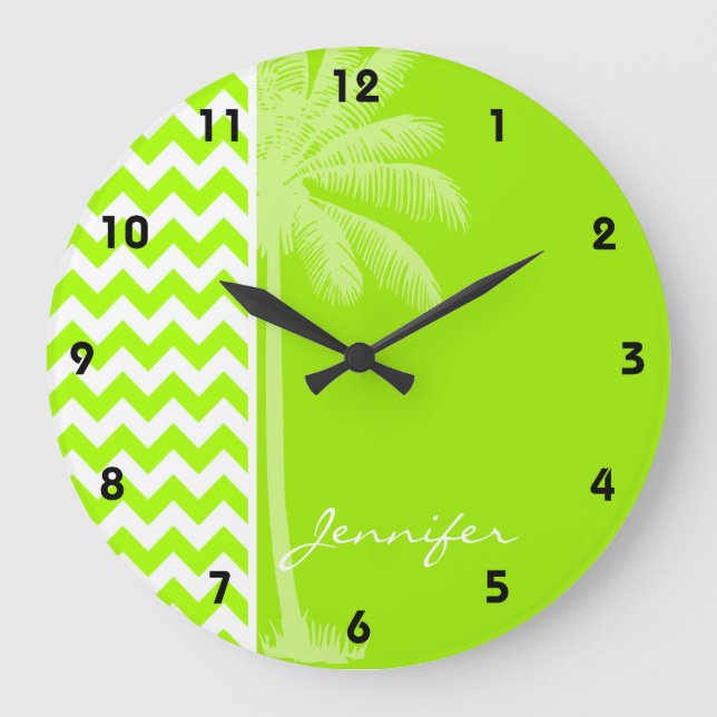 Grande Horloge Ronde Electric Neon Lime Green Chevron; Tropical Palm (Recto)