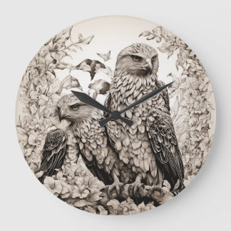 Grande Horloge Ronde Élégance avienne : Oiseau noir et blanc du mur de 