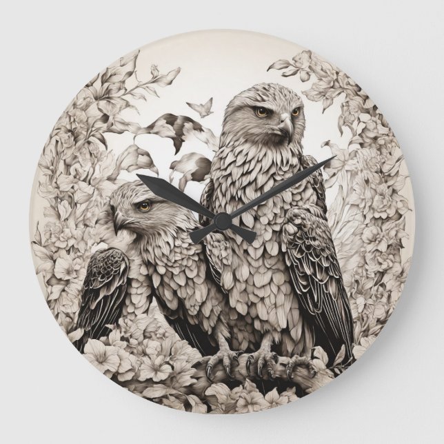 Grande Horloge Ronde Élégance avienne : Oiseau noir et blanc du mur de  (Recto)