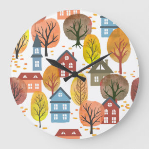 Grande Horloge Ronde Elégance d'automne : Aquarelle Ville et arbres