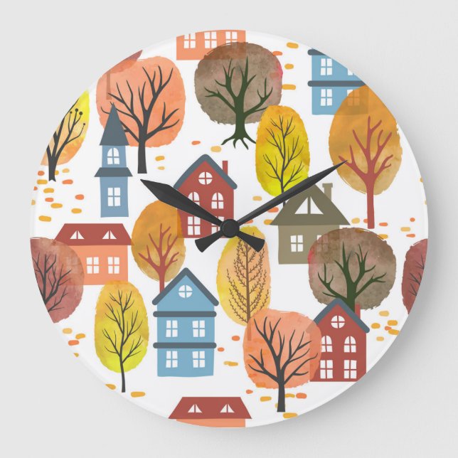 Grande Horloge Ronde Elégance d'automne : Aquarelle Ville et arbres (Recto)