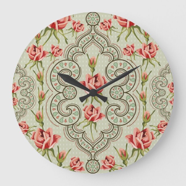 Grande Horloge Ronde Elégance Floral : Vintage Arrière - plan sans cout (Recto)