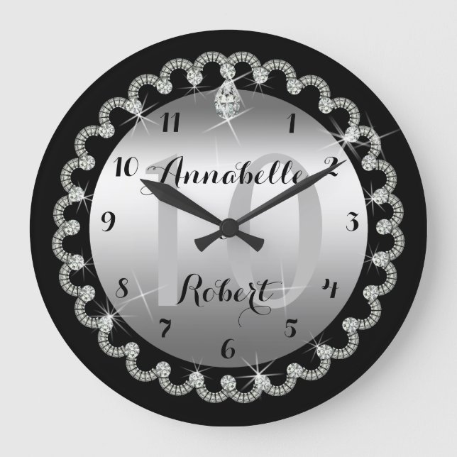 Grande Horloge Ronde Élégant 10e anniversaire d'argent et de diamants (Recto)