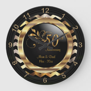 Grande Horloge Ronde Elégant 50e Gold Chevron Anniversaire Design