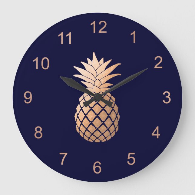 Grande Horloge Ronde Élégant ananas Rose Faux sur bleu marine (Recto)