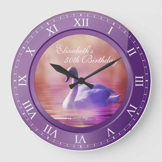 Grande Horloge Ronde Élégant Anniversaire Blanc Cygne pourpre Améthyste (Recto)