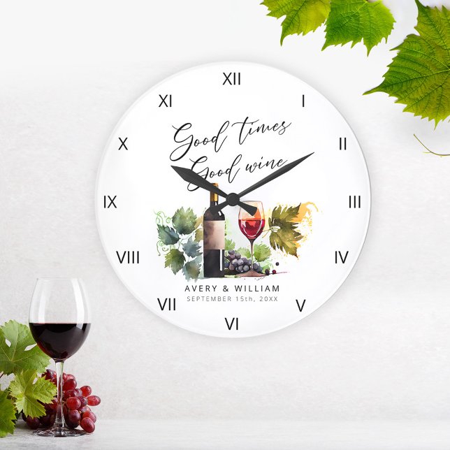 Grande Horloge Ronde Elégant Aquarelle Vin Nouveaux mariés (Créateur téléchargé)