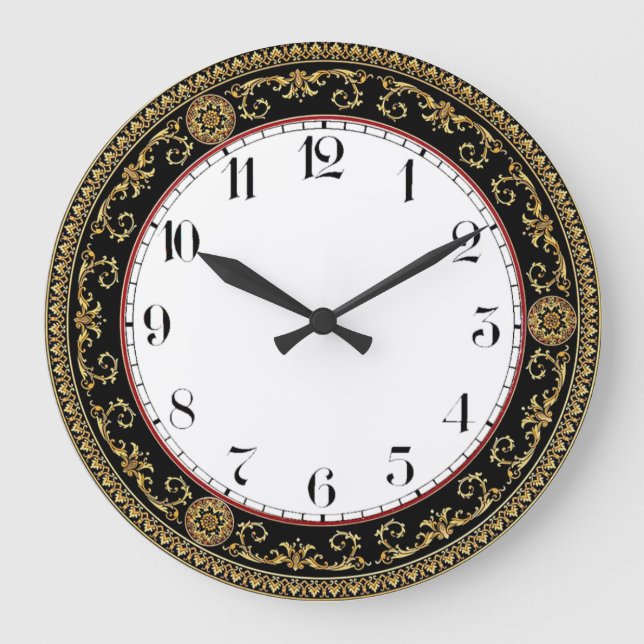 Grande Horloge Ronde Élégant Art Déco noir et or (Recto)