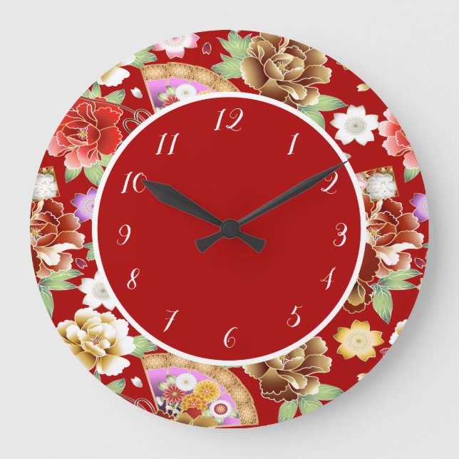 Grande Horloge Ronde Élégant art japonais asiatique Fan floral rouge (Recto)