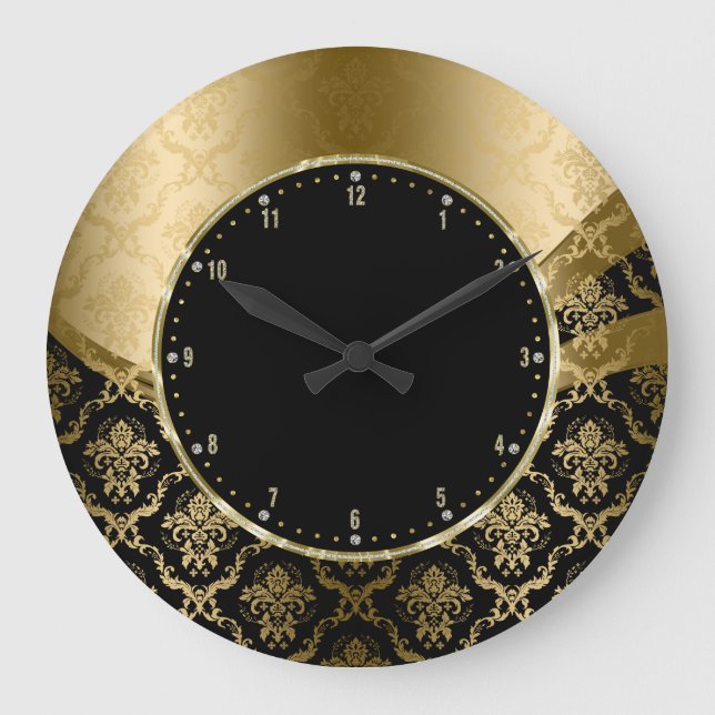 Grande Horloge Ronde Elegant Black And Gold Floral Damas (Recto)