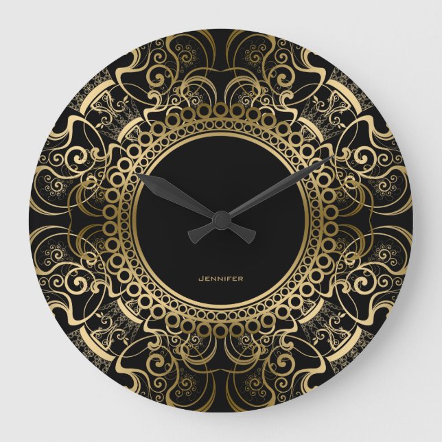 Grande Horloge Ronde Elegant Black & Gold Floral Frame (Recto)