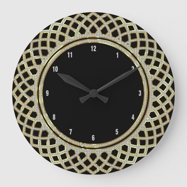 Grande Horloge Ronde Elégant Black Gold & Parties scintillant Motif géo (Recto)