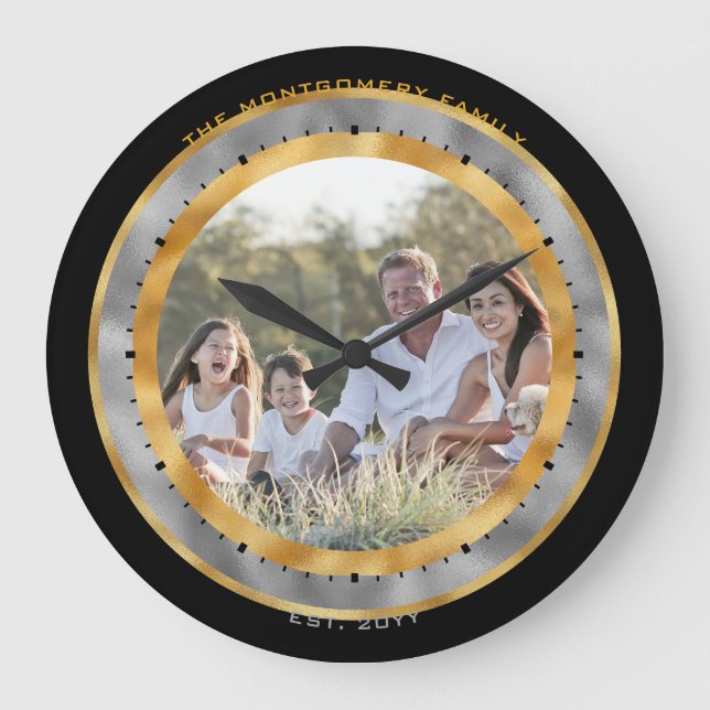 Grande Horloge Ronde Elégant Black Gold Silver Foil Nom personnalisé Ph (Recto)