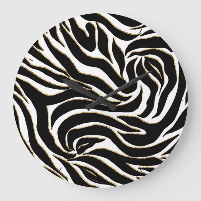 Grande Horloge Ronde Elégant Black Gold Zebra Poster de animal blanc (Recto)
